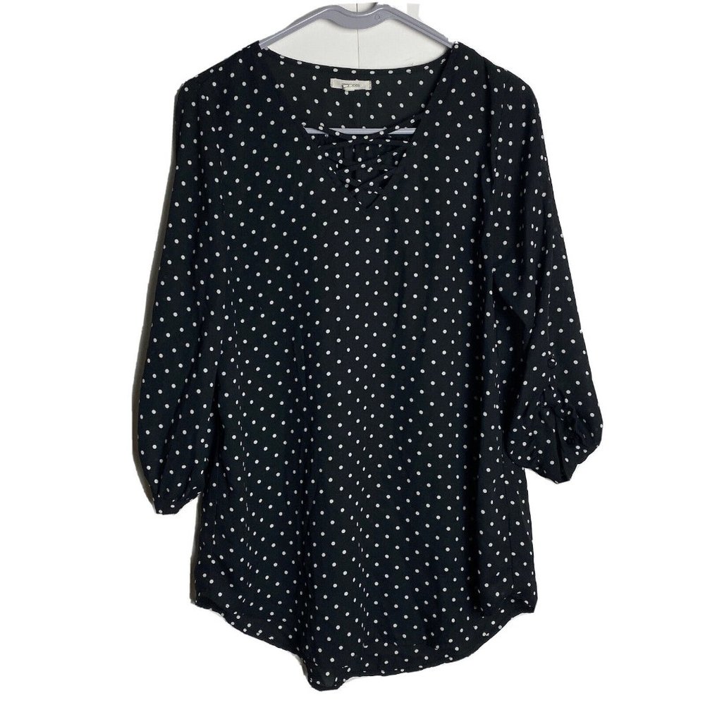 Maurices Women Tunic Blouse Small Black White Polka Dot Roll Tab Sleeve VNeck